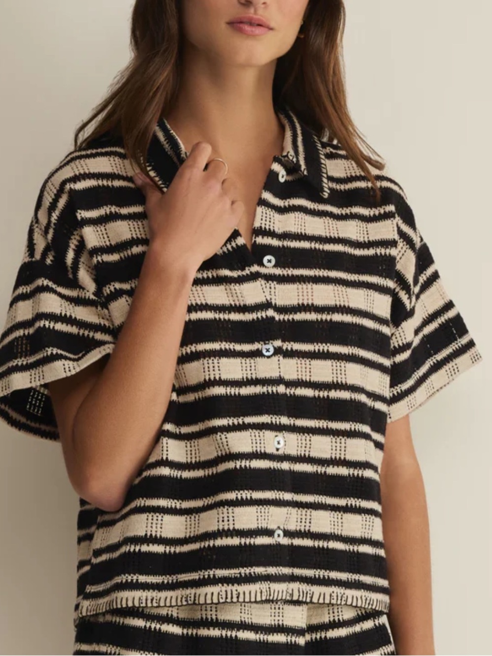 Z Supply Monaco button up Black and Cream Striped Short-Sleeve Button-Down Shirt